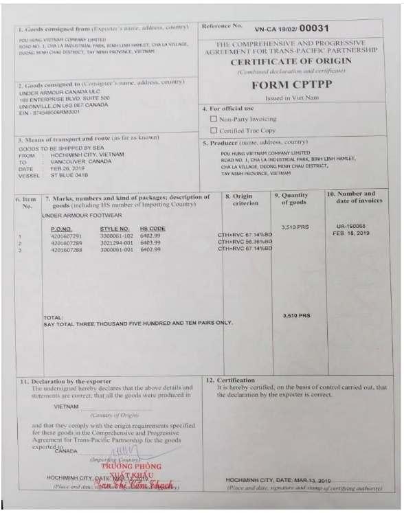 CO Form CPTPP mới nhất 2024