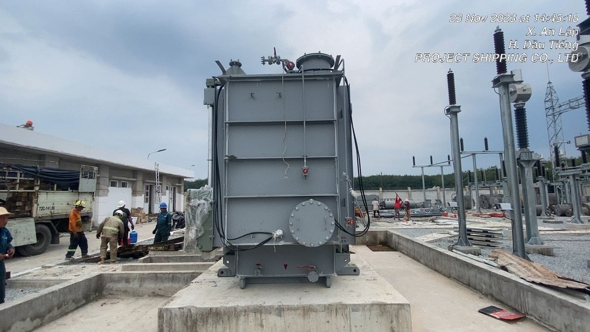 110 kV power transformer on its concrete foundation after skidding at Dau Tieng substation