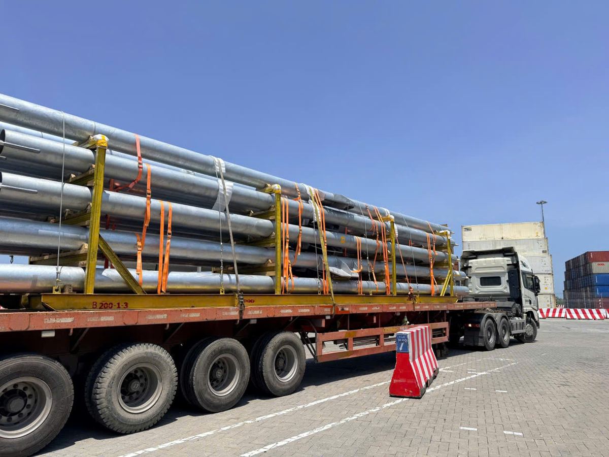 Breakbulk steel pipe bundles lashed on a flatbed for export through Gemalink, Cai Mep port