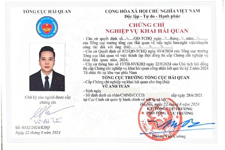 Chứng chỉ nghiệp vụ khai hải quan số 0132/2024/KHQ của đại lý hải quan Project Shipping