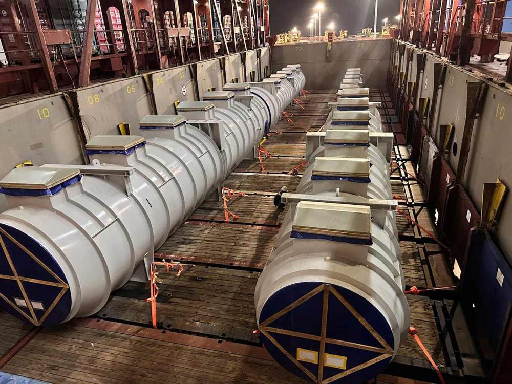 Export from Vietnam breakbulk cargo: ducting sections stowed and lashed in the vessel hold