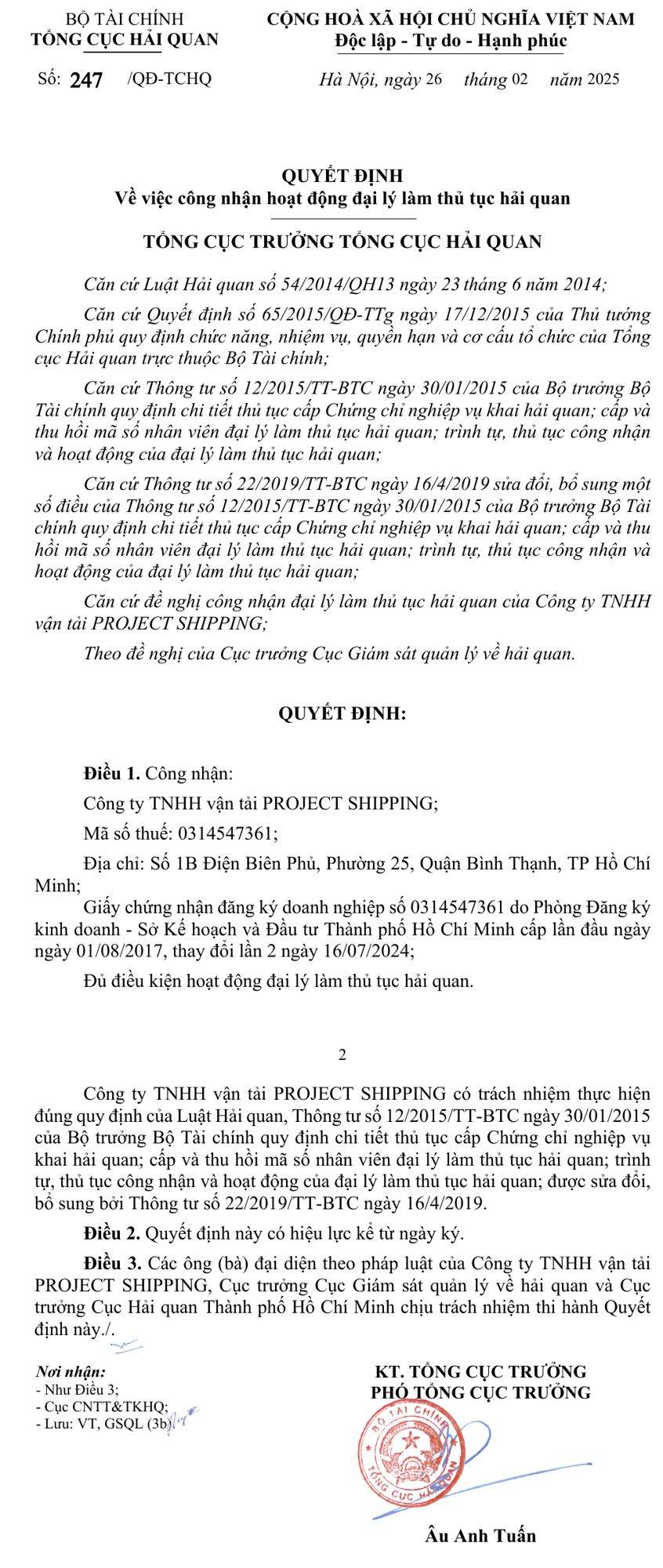 Quyết định 247/QĐ-TCHQ công nhận đại lý hải quan Công ty TNHH Vận tải Project Shipping