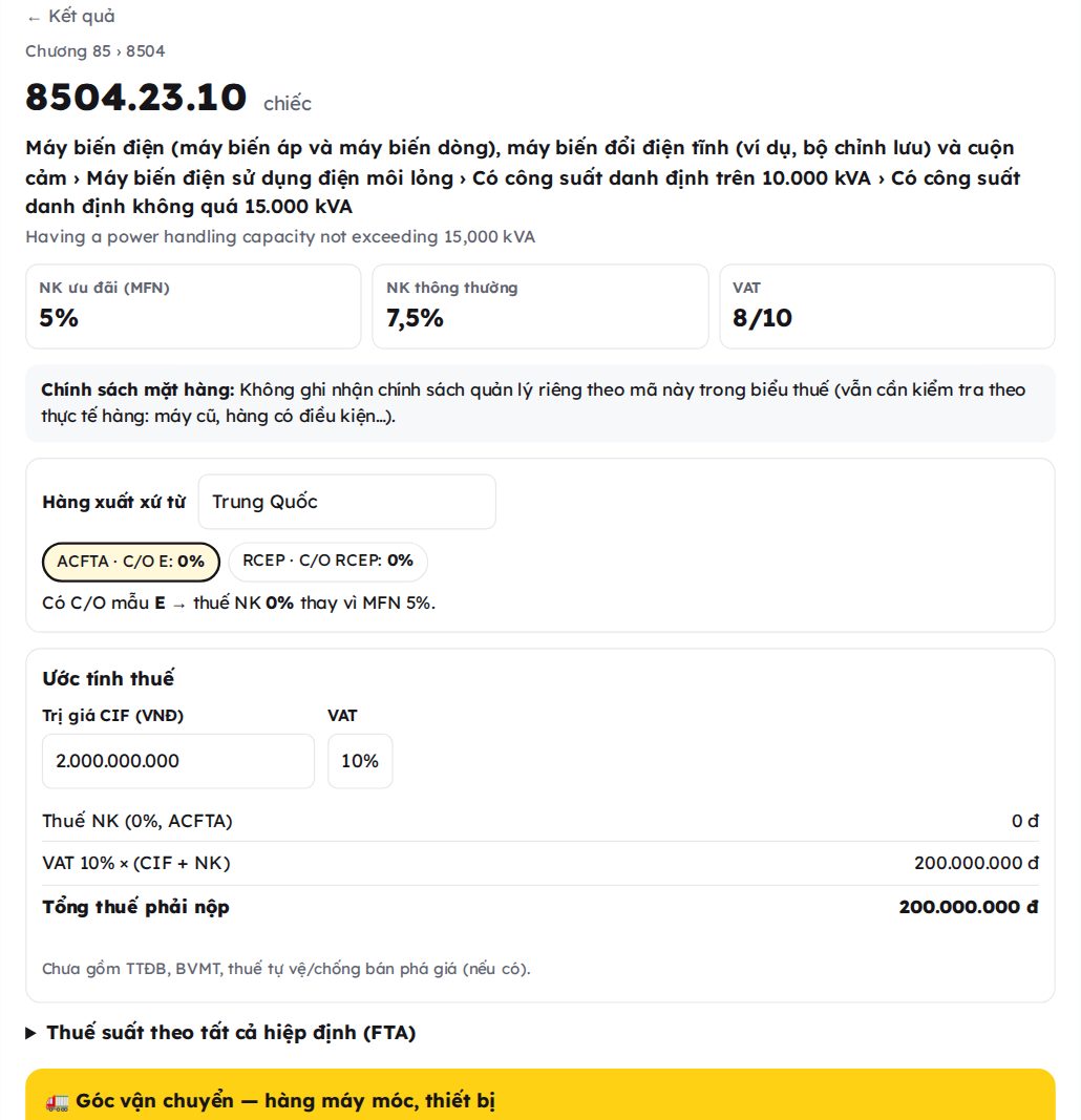 Tra cứu mã HS code 8504.23.10: thuế MFN, VAT, thuế FTA theo xuất xứ